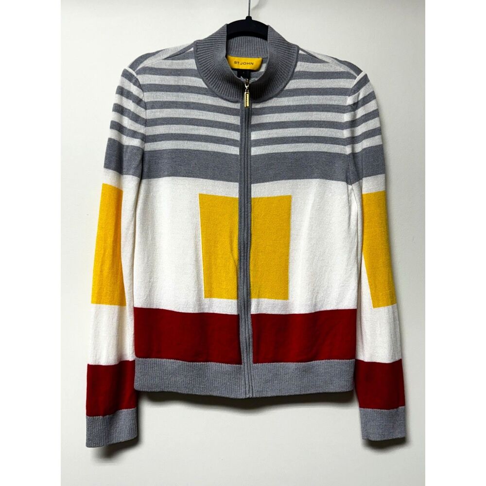 VINTAGE - ST. JOHN Nautical Mock Neck Zip Front Merino Wool Blend Sweater, S
